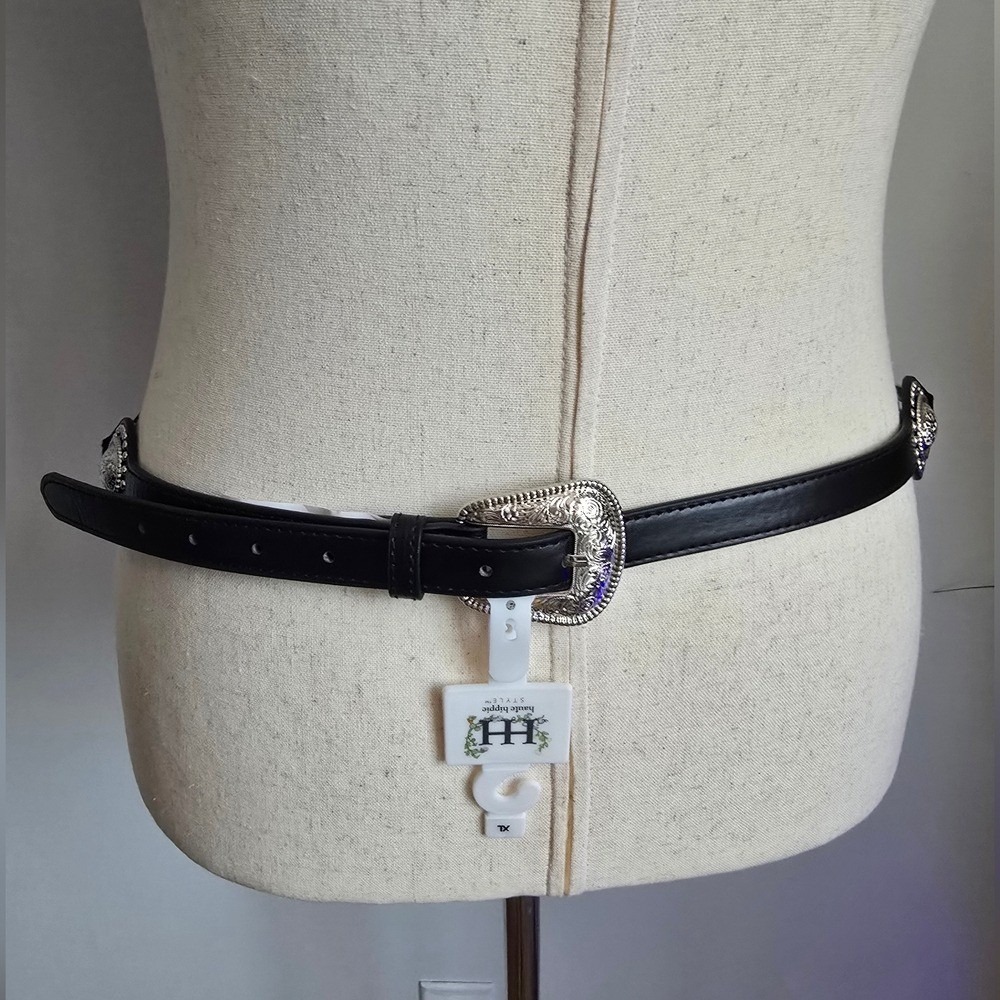 Haute Hippie New Black Silver Concho Vegan Leather Western Statement Belt XL - Picture 3 of 6